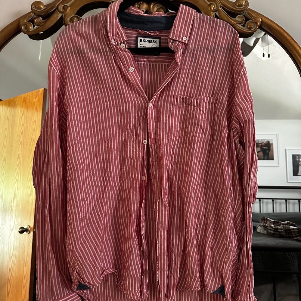 Express Red and White Casual Button Down Shirt
